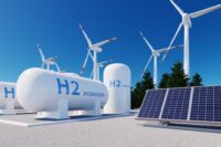 h2 hydrogen tank, solar panels and wind power turbines, 3d rende